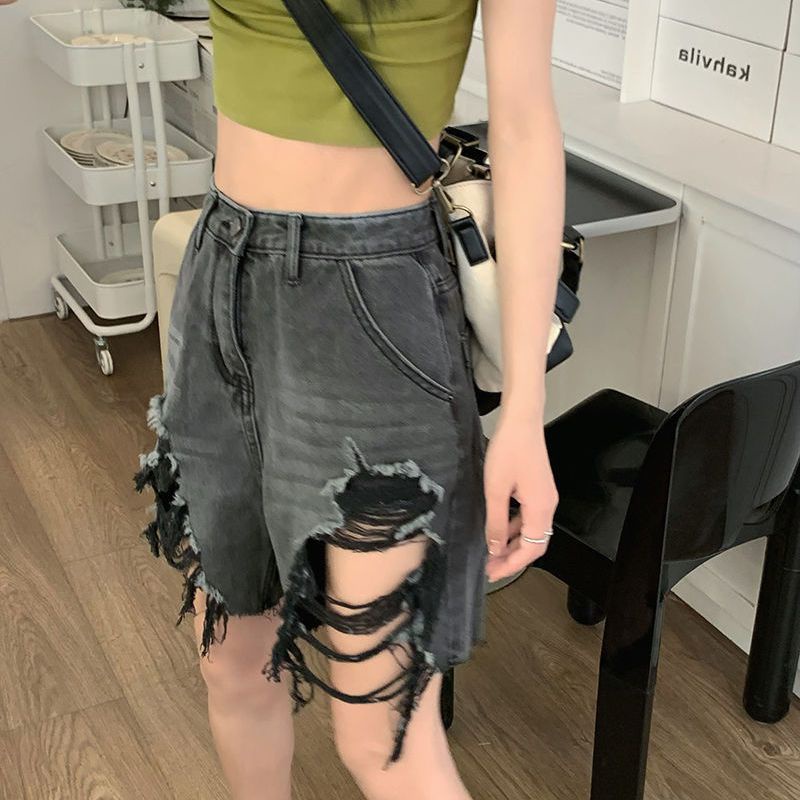 Jiashucheng Quần Denim Lửng Lưng Cao Ống Rộng Cỡ Lớn Phong Cách Mới Mùa Hè Cho Nữ