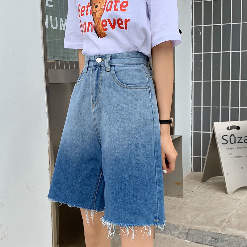 Jiashucheng Quần Short Jean Mỏng Dáng Chữ A Ống Rộng Màu Sắc Gradient Thời Trang Mùa Hè Cá Tính Cho Nữ