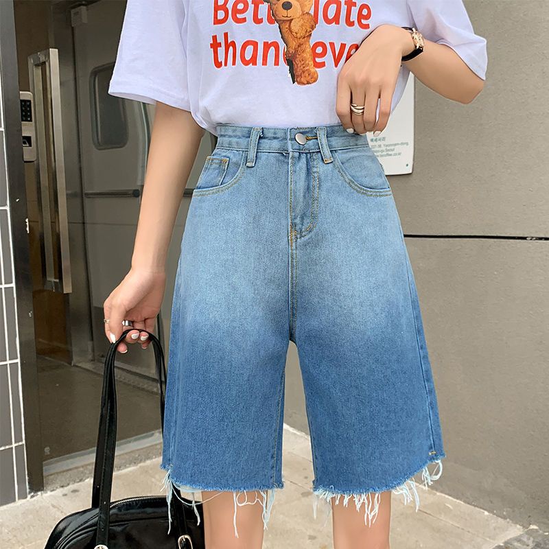 Jiashucheng Quần Short Jean Mỏng Dáng Chữ A Ống Rộng Màu Sắc Gradient Thời Trang Mùa Hè Cá Tính Cho Nữ