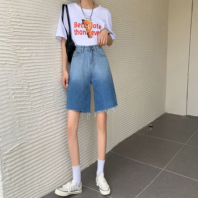 Jiashucheng Quần Short Jean Mỏng Dáng Chữ A Ống Rộng Màu Sắc Gradient Thời Trang Mùa Hè Cá Tính Cho Nữ