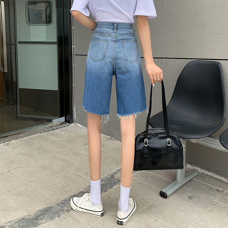 Jiashucheng Quần Short Jean Mỏng Dáng Chữ A Ống Rộng Màu Sắc Gradient Thời Trang Mùa Hè Cá Tính Cho Nữ