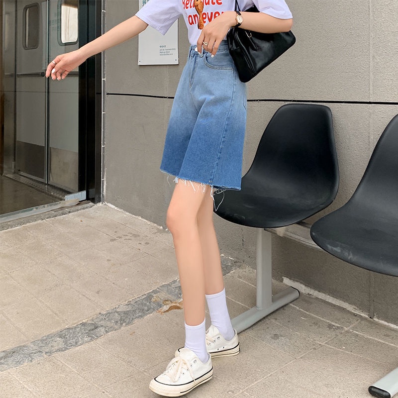Jiashucheng Quần Short Jean Mỏng Dáng Chữ A Ống Rộng Màu Sắc Gradient Thời Trang Mùa Hè Cá Tính Cho Nữ