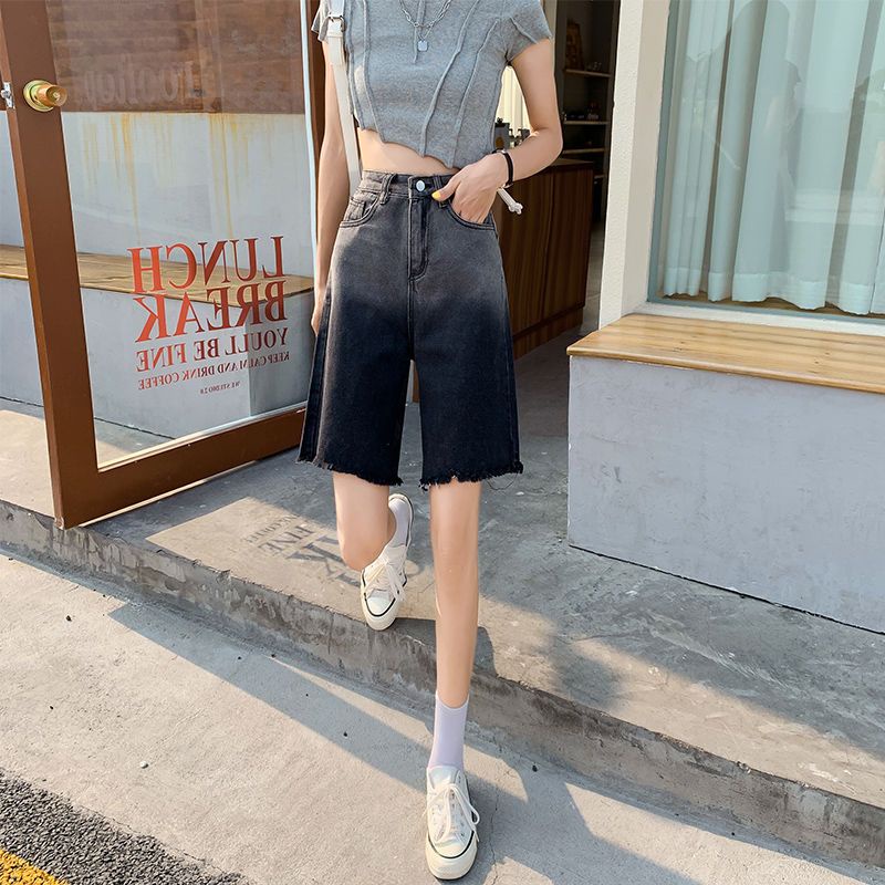 Jiashucheng Quần Short Jean Mỏng Dáng Chữ A Ống Rộng Màu Sắc Gradient Thời Trang Mùa Hè Cá Tính Cho Nữ