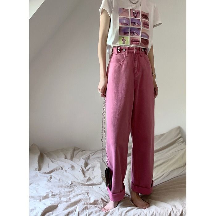 Jiashucheng Quần Jean Nữ Ống Rộng Lưng Cao Phong Cách Retro Thời Trang Mùa Hè Mới