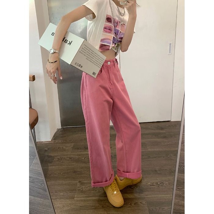 Jiashucheng Quần Jean Nữ Ống Rộng Lưng Cao Phong Cách Retro Thời Trang Mùa Hè Mới