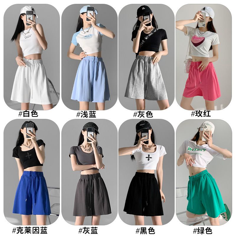 Jiashucheng Quần Short Thể Thao Màu Xanh Dương Lưng Cao Dáng Rộng Thời Trang Mùa Hè Cho Nữ