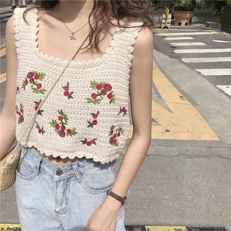 Jiashucheng Áo Croptop Dệt Kim Hai Dây Dáng Rộng Thêu Hoa Thời Trang Mùa Hè Quyến Rũ Cho Nữ
