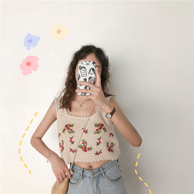 Jiashucheng Áo Croptop Dệt Kim Hai Dây Dáng Rộng Thêu Hoa Thời Trang Mùa Hè Quyến Rũ Cho Nữ