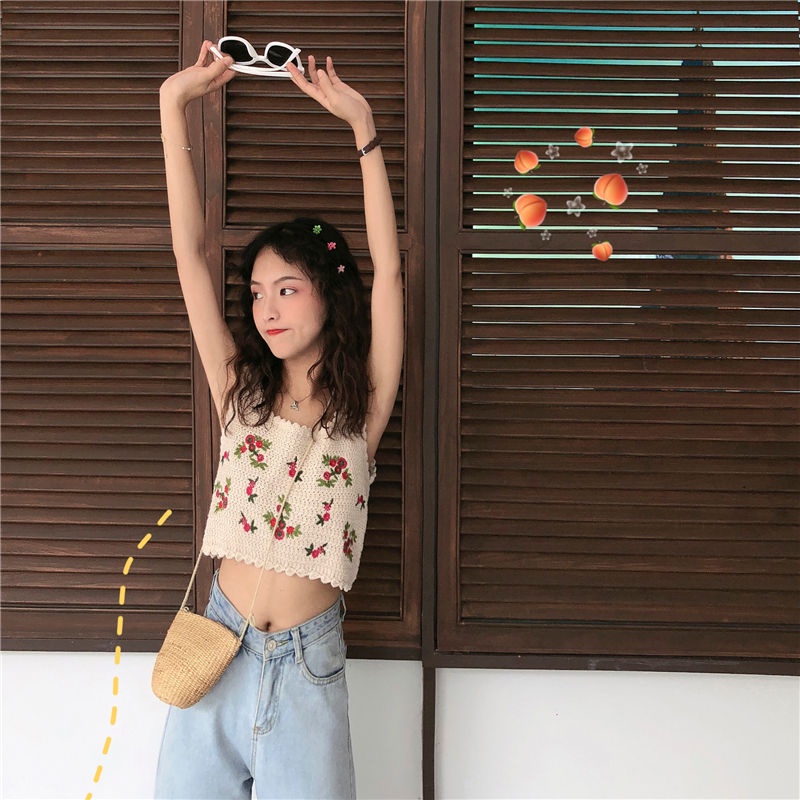 Jiashucheng Áo Croptop Dệt Kim Hai Dây Dáng Rộng Thêu Hoa Thời Trang Mùa Hè Quyến Rũ Cho Nữ