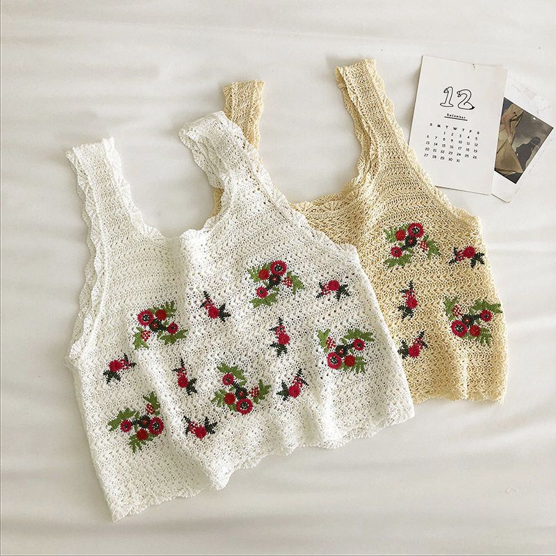 Jiashucheng Áo Croptop Dệt Kim Hai Dây Dáng Rộng Thêu Hoa Thời Trang Mùa Hè Quyến Rũ Cho Nữ