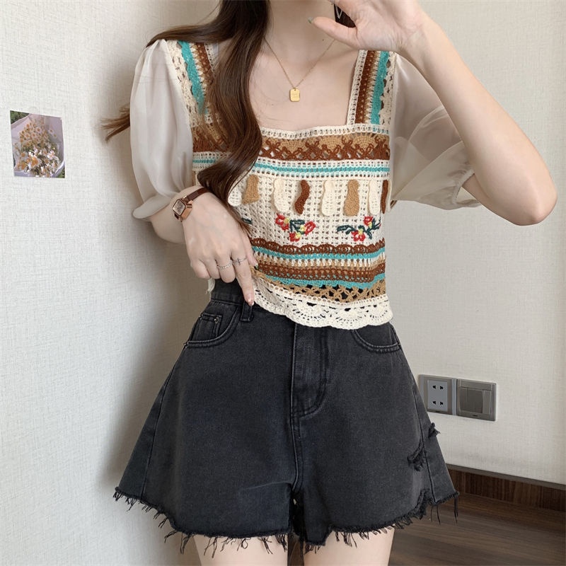 Jiashucheng Áo Sweater Ngắn Tay Khoét Lỗ Phong Cách Pháp Thời Trang Mùa Hè Mới Cho Nữ