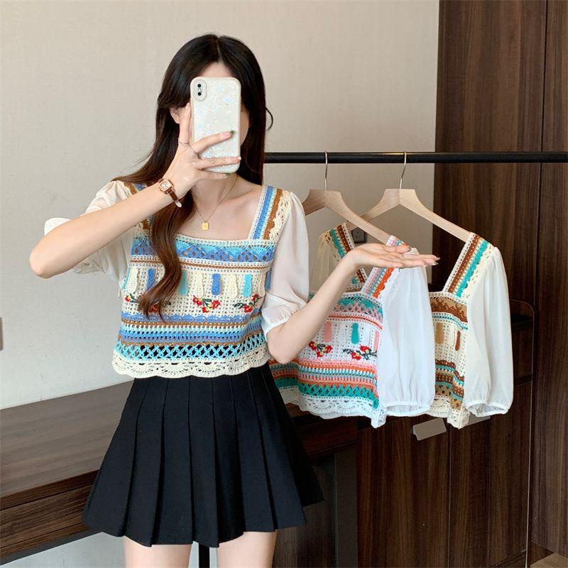Jiashucheng Áo Sweater Ngắn Tay Khoét Lỗ Phong Cách Pháp Thời Trang Mùa Hè Mới Cho Nữ