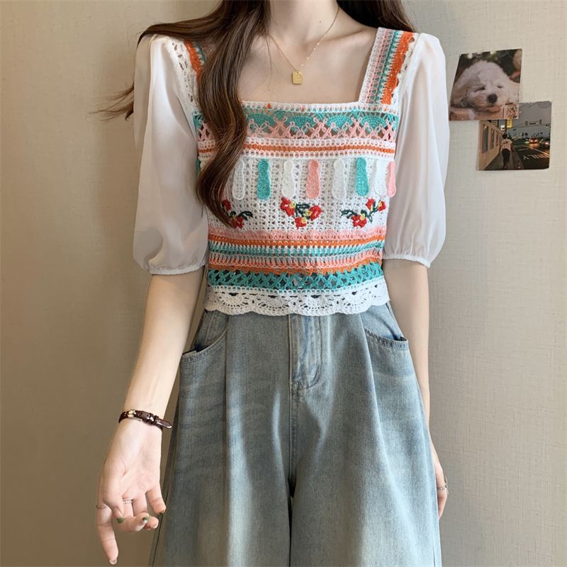 Jiashucheng Áo Sweater Ngắn Tay Khoét Lỗ Phong Cách Pháp Thời Trang Mùa Hè Mới Cho Nữ