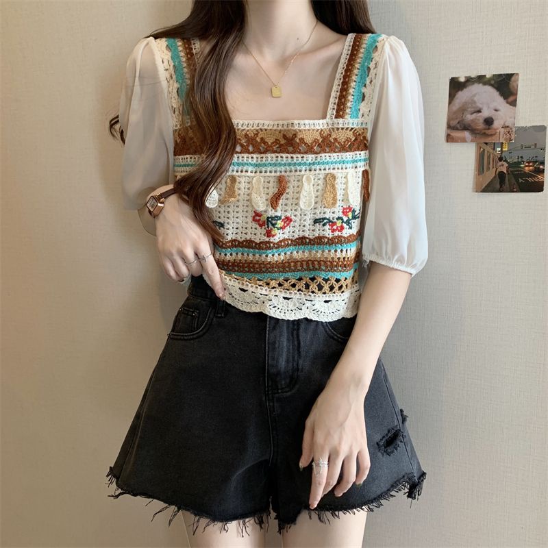 Jiashucheng Áo Sweater Ngắn Tay Khoét Lỗ Phong Cách Pháp Thời Trang Mùa Hè Mới Cho Nữ