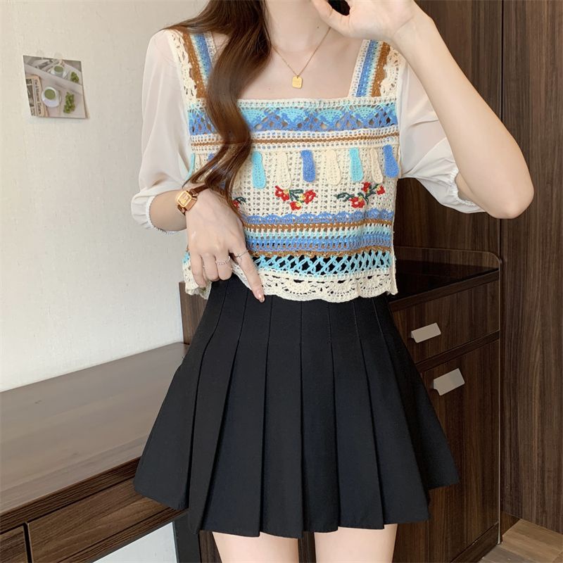 Jiashucheng Áo Sweater Ngắn Tay Khoét Lỗ Phong Cách Pháp Thời Trang Mùa Hè Mới Cho Nữ