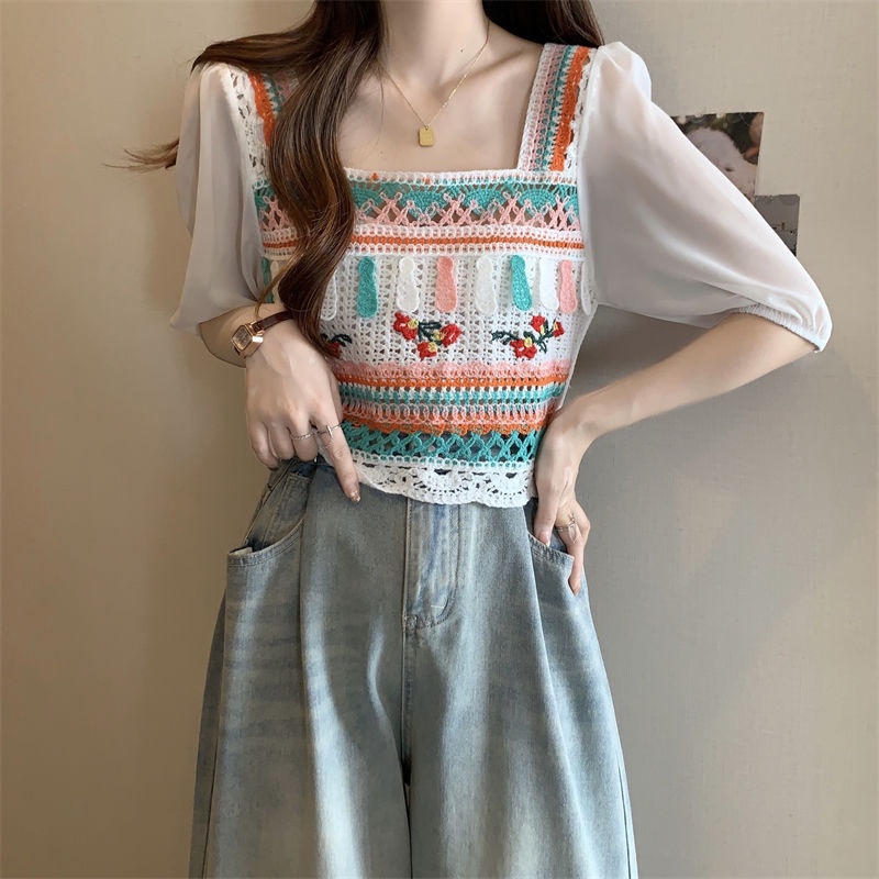 Jiashucheng Áo Sweater Ngắn Tay Khoét Lỗ Phong Cách Pháp Thời Trang Mùa Hè Mới Cho Nữ