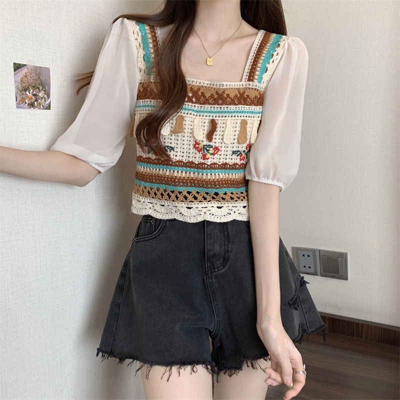 Jiashucheng Áo Sweater Ngắn Tay Khoét Lỗ Phong Cách Pháp Thời Trang Mùa Hè Mới Cho Nữ