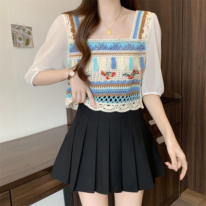 Jiashucheng Áo Sweater Ngắn Tay Khoét Lỗ Phong Cách Pháp Thời Trang Mùa Hè Mới Cho Nữ
