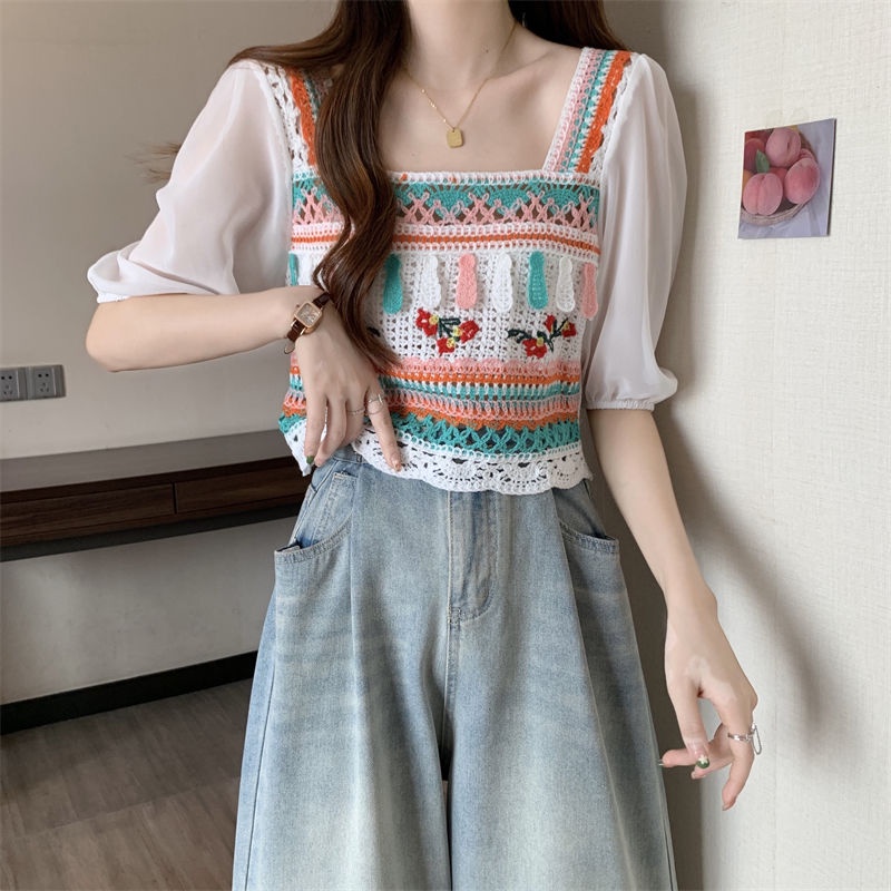 Jiashucheng Áo Sweater Ngắn Tay Khoét Lỗ Phong Cách Pháp Thời Trang Mùa Hè Mới Cho Nữ