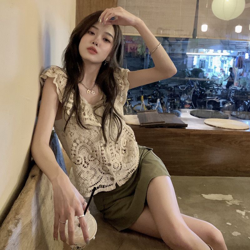 Jiashucheng Áo Khoác Cardigan Khoét Rỗng Cao Cấp Thoáng Khí Mùa Hè Hàn Quốc Gợn Sóng Đơn Giản Dễ Phối Đồ Cho Nữ