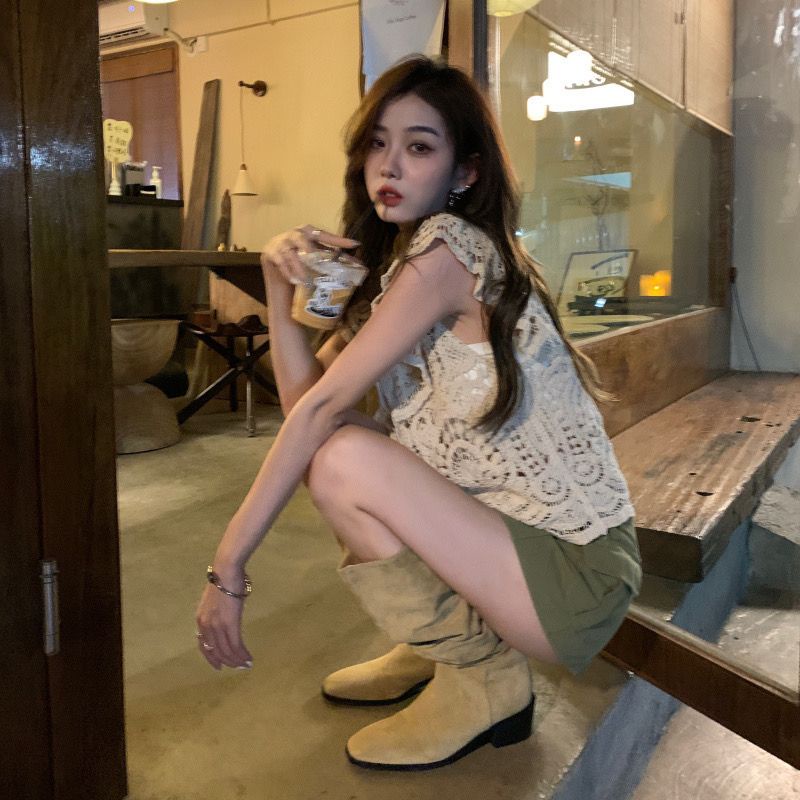 Jiashucheng Áo Khoác Cardigan Khoét Rỗng Cao Cấp Thoáng Khí Mùa Hè Hàn Quốc Gợn Sóng Đơn Giản Dễ Phối Đồ Cho Nữ