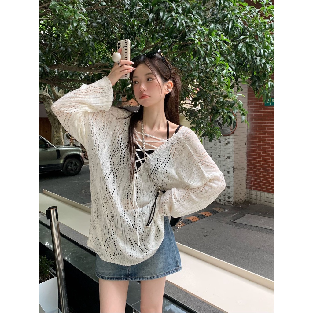 Jiashucheng Áo Sweater Mỏng Tay Dài Khoét Lỗ Phong Cách Hàn Quốc Thiết Kế Mới Mùa Hè Dành Cho Bạn Nữ