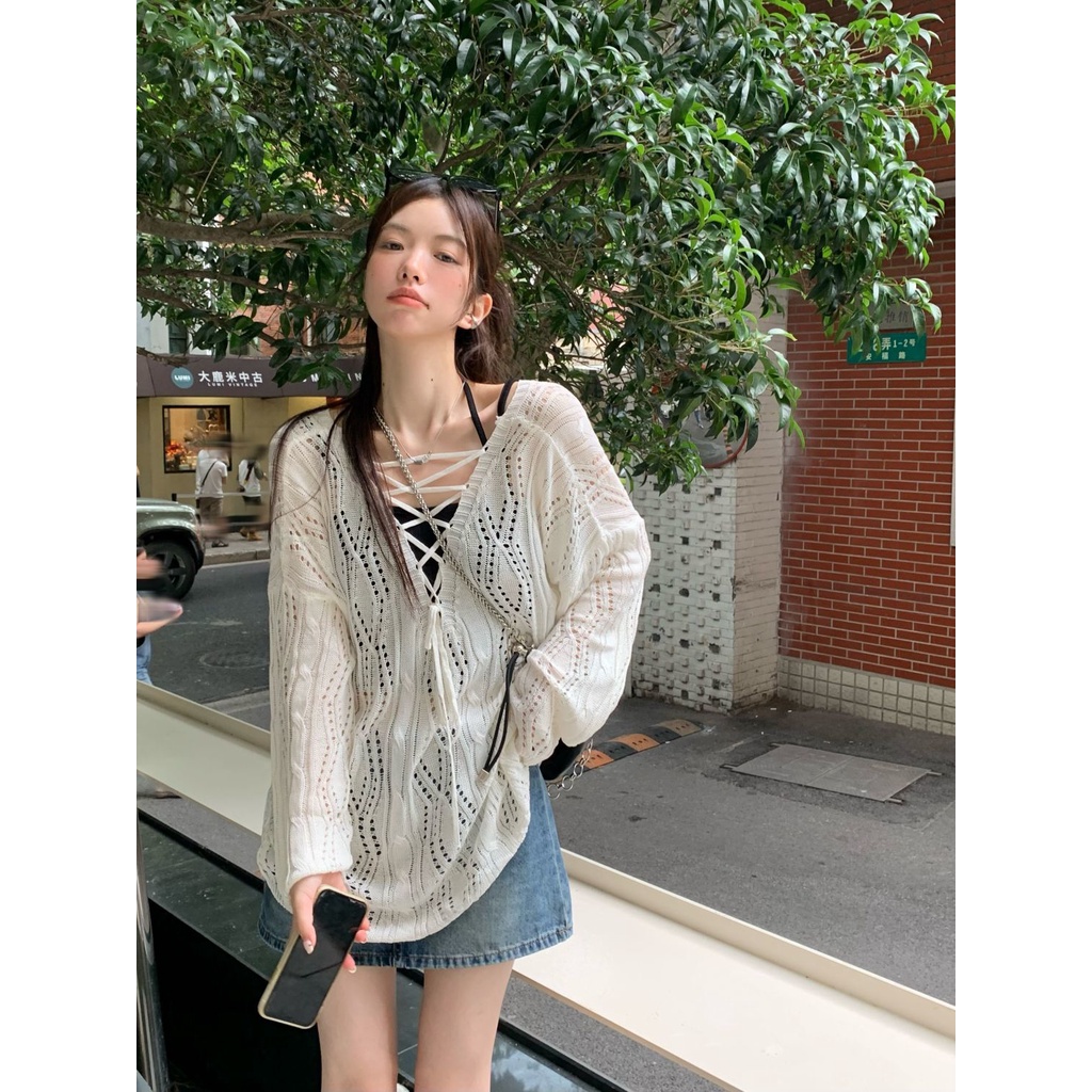 Jiashucheng Áo Sweater Mỏng Tay Dài Khoét Lỗ Phong Cách Hàn Quốc Thiết Kế Mới Mùa Hè Dành Cho Bạn Nữ