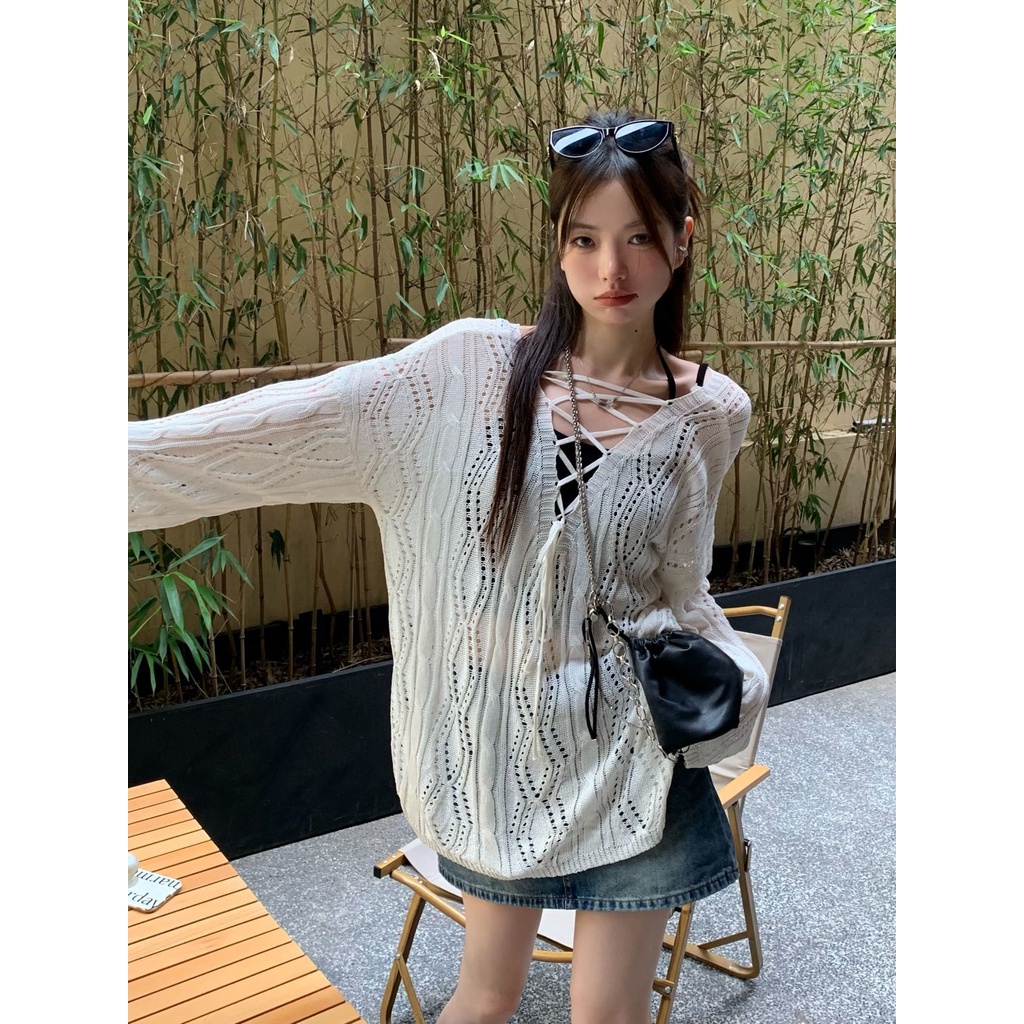 Jiashucheng Áo Sweater Mỏng Tay Dài Khoét Lỗ Phong Cách Hàn Quốc Thiết Kế Mới Mùa Hè Dành Cho Bạn Nữ