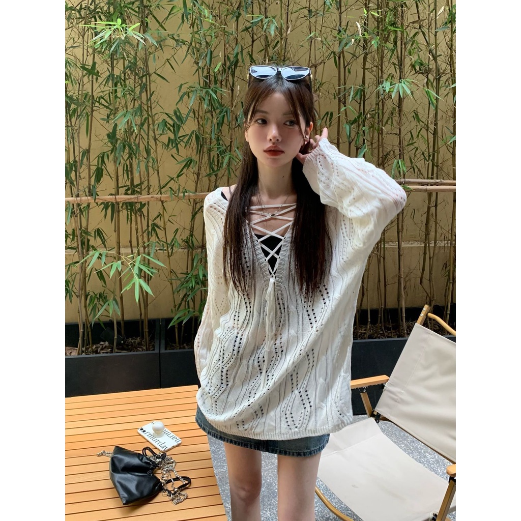 Jiashucheng Áo Sweater Mỏng Tay Dài Khoét Lỗ Phong Cách Hàn Quốc Thiết Kế Mới Mùa Hè Dành Cho Bạn Nữ