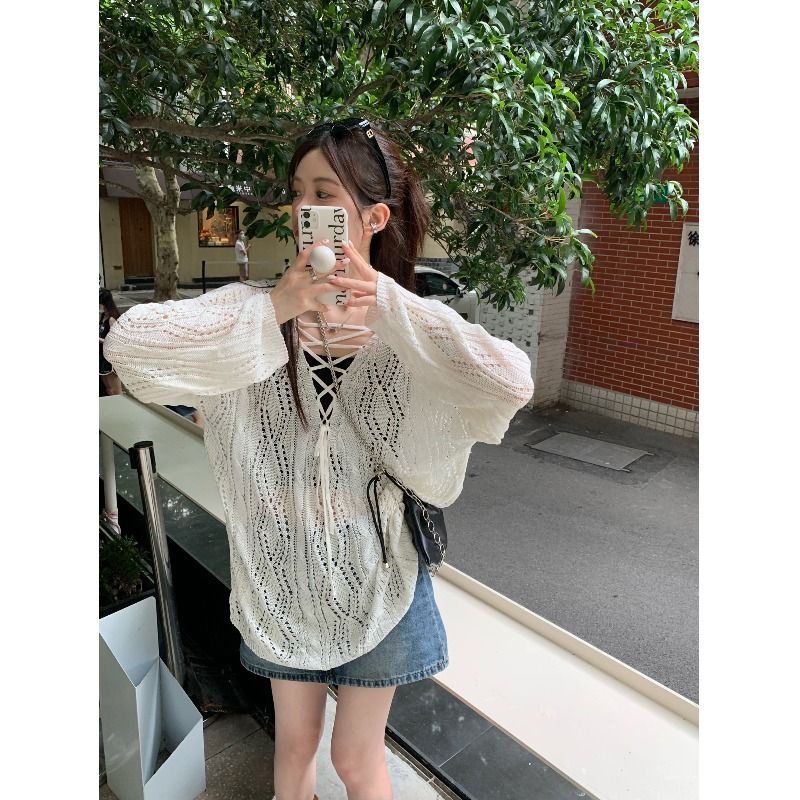 Jiashucheng Áo Sweater Mỏng Tay Dài Khoét Lỗ Phong Cách Hàn Quốc Thiết Kế Mới Mùa Hè Dành Cho Bạn Nữ