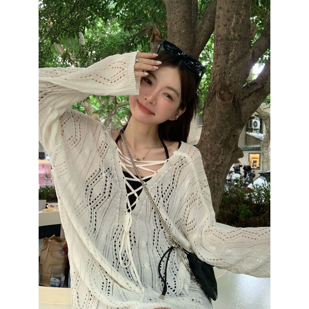 Jiashucheng Áo Sweater Mỏng Tay Dài Khoét Lỗ Phong Cách Hàn Quốc Thiết Kế Mới Mùa Hè Dành Cho Bạn Nữ