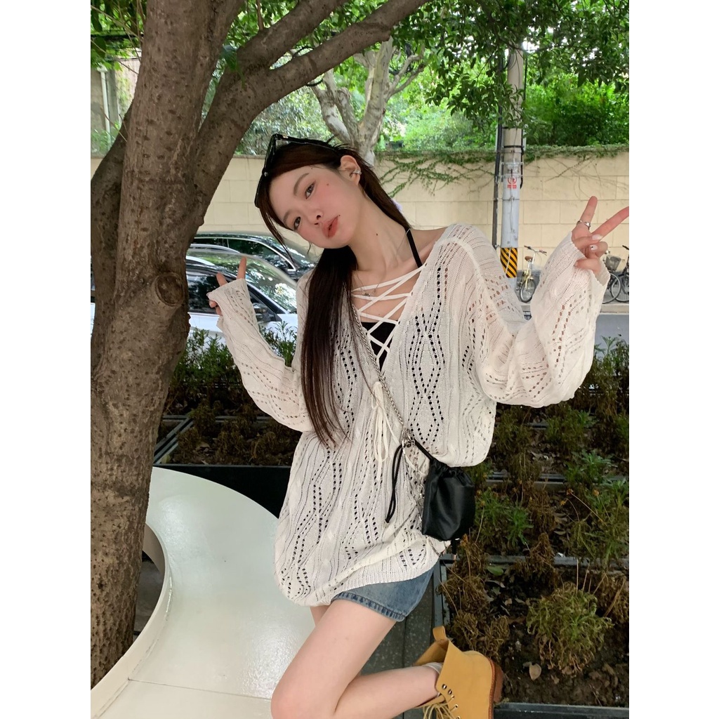 Jiashucheng Áo Sweater Mỏng Tay Dài Khoét Lỗ Phong Cách Hàn Quốc Thiết Kế Mới Mùa Hè Dành Cho Bạn Nữ