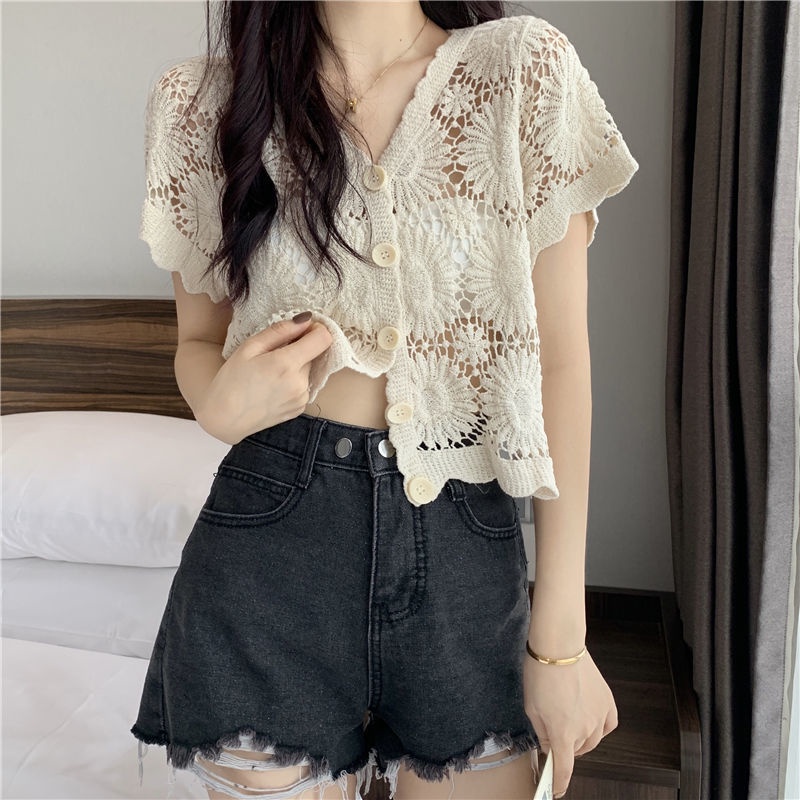Jiashucheng Áo Khoác Cardigan Ngắn Tay Cổ Chữ v Thiết Kế Đục Lỗ Thời Trang Mùa Hè Phong Cách Mới Cho Nữ