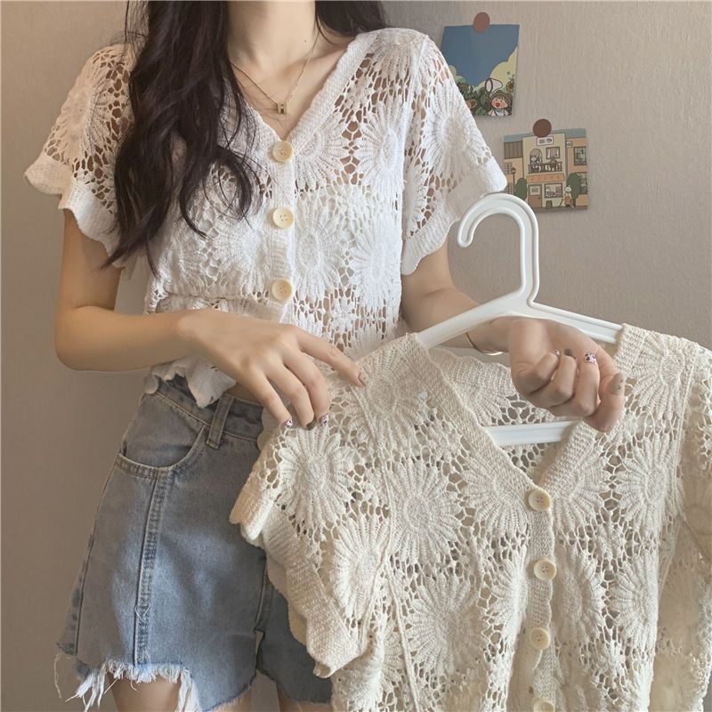 Jiashucheng Áo Khoác Cardigan Ngắn Tay Cổ Chữ v Thiết Kế Đục Lỗ Thời Trang Mùa Hè Phong Cách Mới Cho Nữ