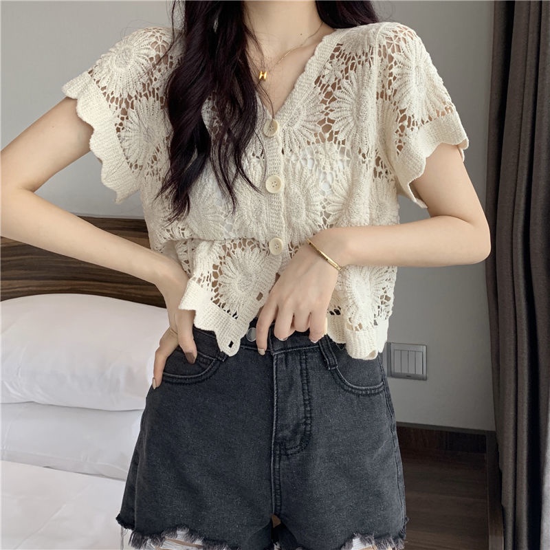 Jiashucheng Áo Khoác Cardigan Ngắn Tay Cổ Chữ v Thiết Kế Đục Lỗ Thời Trang Mùa Hè Phong Cách Mới Cho Nữ