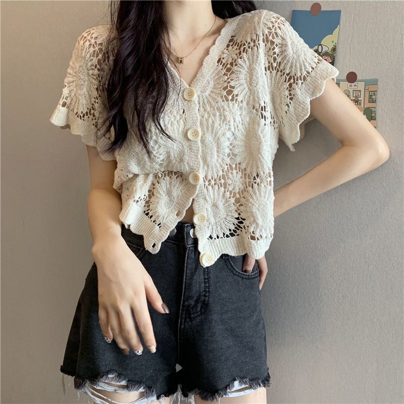 Jiashucheng Áo Khoác Cardigan Ngắn Tay Cổ Chữ v Thiết Kế Đục Lỗ Thời Trang Mùa Hè Phong Cách Mới Cho Nữ