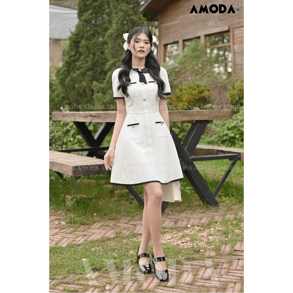 Váy trắng  thiết kế dáng chữ A  cao cấp đính cúc đá sang chảnh  giúp các nàng hack dang siêu xinh AMODA V