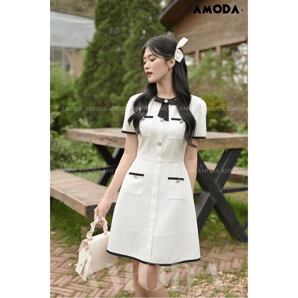 Váy trắng  thiết kế dáng chữ A  cao cấp đính cúc đá sang chảnh  giúp các nàng hack dang siêu xinh AMODA V