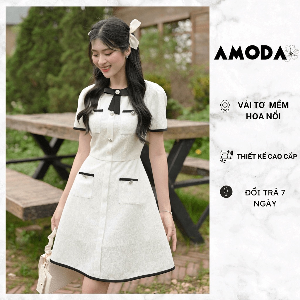 Váy trắng  thiết kế dáng chữ A  cao cấp đính cúc đá sang chảnh  giúp các nàng hack dang siêu xinh AMODA V