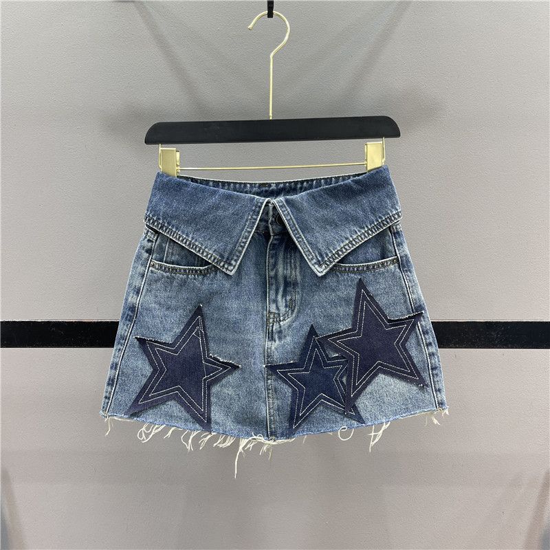 Jiashucheng Chân Váy Denim Chữ A Đính Ngôi Sao Gấp Lại Được Phong Cách Retro Mùa Hè Dành Cho Nữ