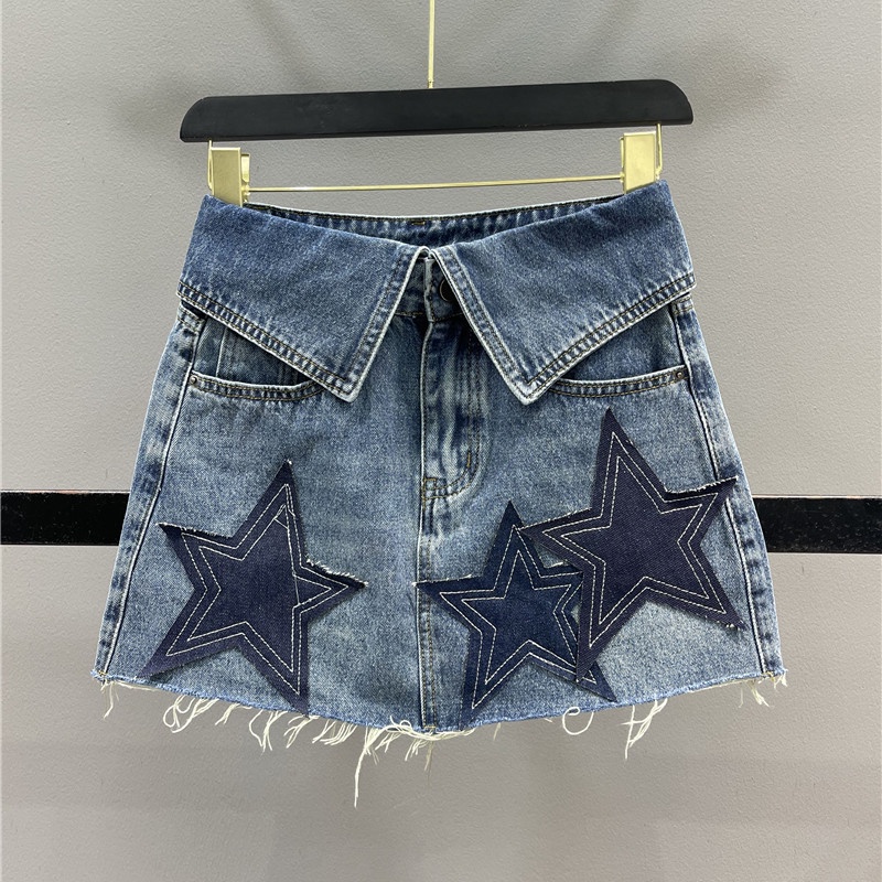 Jiashucheng Chân Váy Denim Chữ A Đính Ngôi Sao Gấp Lại Được Phong Cách Retro Mùa Hè Dành Cho Nữ