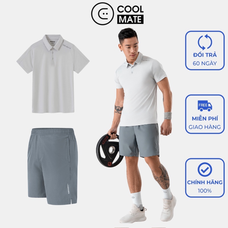 Set đồ bộ thể thao áo Polo Active v1 xám nhạt và quần Ultra Short 7" xám xanh-thương hiệu Coolmate