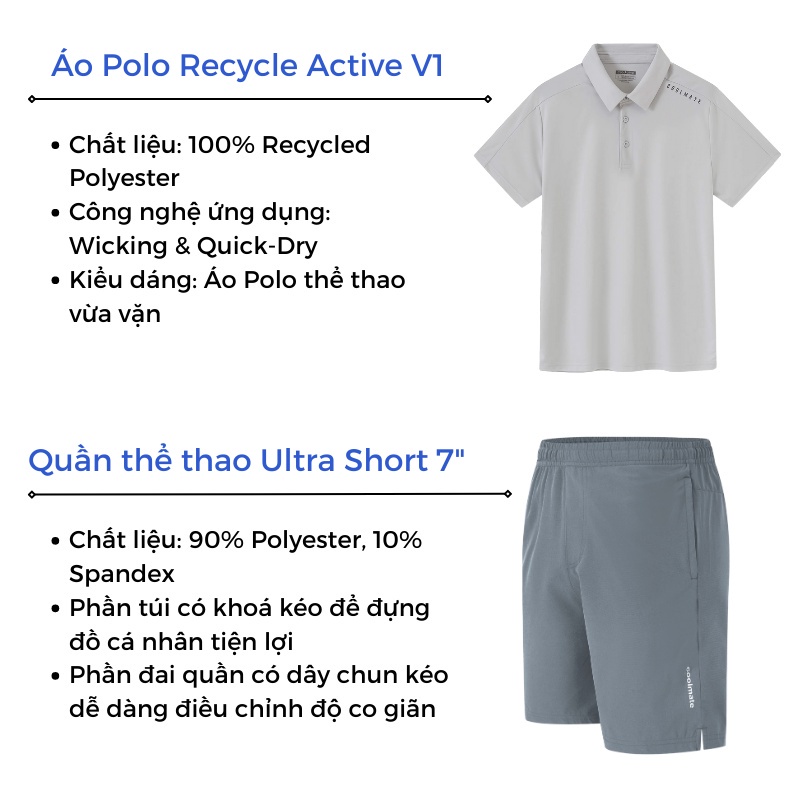 Set đồ bộ thể thao áo Polo Active v1 xám nhạt và quần Ultra Short 7" xám xanh-thương hiệu Coolmate