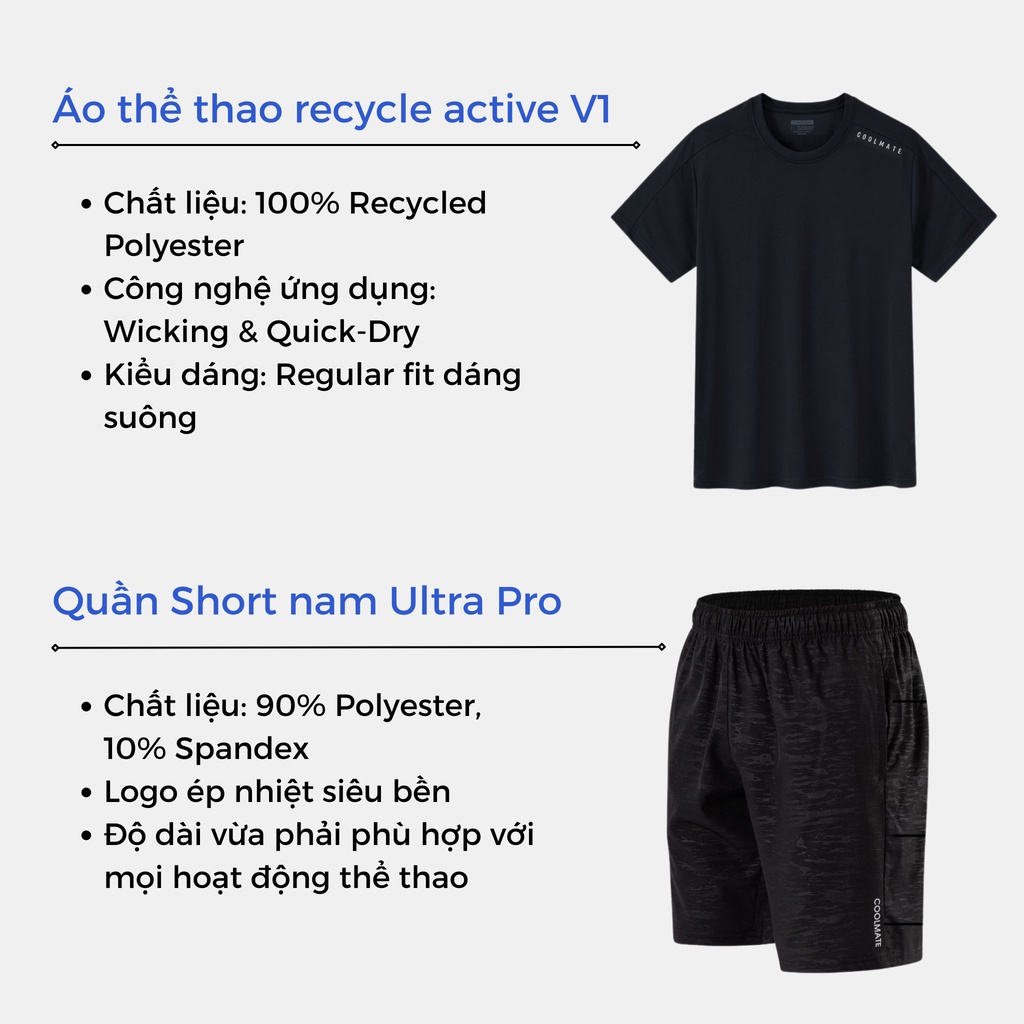 Set đồ bộ thể thao Áo Thun Active V1 đen và Quần short Ultra Pro đen - thương hiệu Coolmate