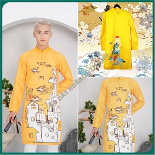 Áo dài nam cách tân cao cấp in họa tiết phố cổ Việt Nam và Sơn Thủy, Áo dài nam truyền thống dân tộc màu Vàng