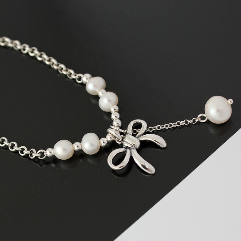 Lắc Chân Chuỗi Hạt Ngọc Trai Đơn Giản Đính Nơ Nhỏ Quyến Rũ