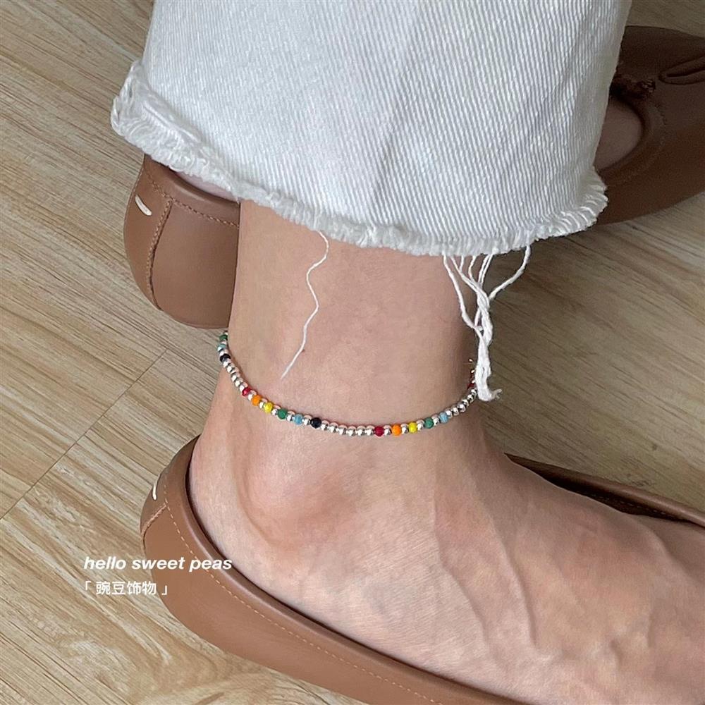 Lắc Chân Bạc sterling 925 Xỏ Hạt Thủ Công Màu Cầu Vồng Phong Cách Hàn Quốc Mới