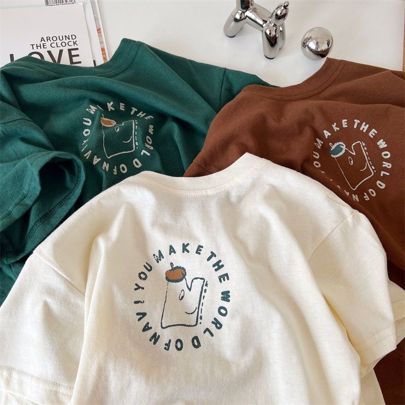 Áo Thun Cotton Tay Ngắn Dáng Rộng In Họa Tiết Hoạt Hình Phong Cách Hàn Quốc Thời Trang Mùa Hè Cho Bé Trai