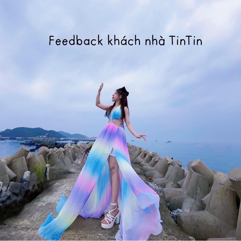 Đầm maxi đi biển omber loang cầu vồng cut eo khoen xẻ tà dáng dài xoè rộng siêu sang chảnh sexy quyến rũ