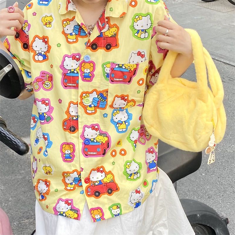 Jiashucheng Áo Sơ Mi Tay Ngắn Dáng Rộng Mềm Mại In Họa Tiết Hoạt Hình Màu Vàng Sữa Phong Cách Nhật Bản Thời Trang Mùa Hè Cho Nữ